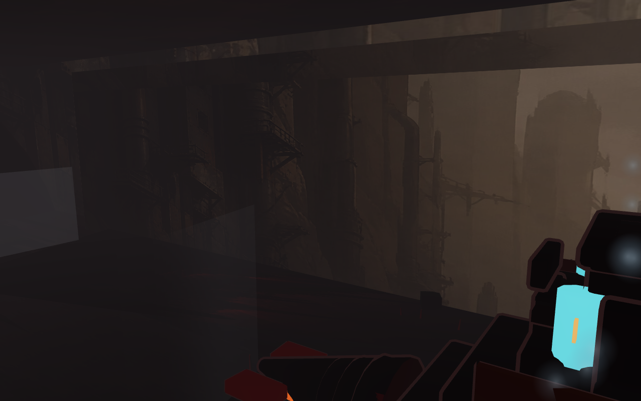 A dark industrial machine and route partially merge into a black and grey staged environment.