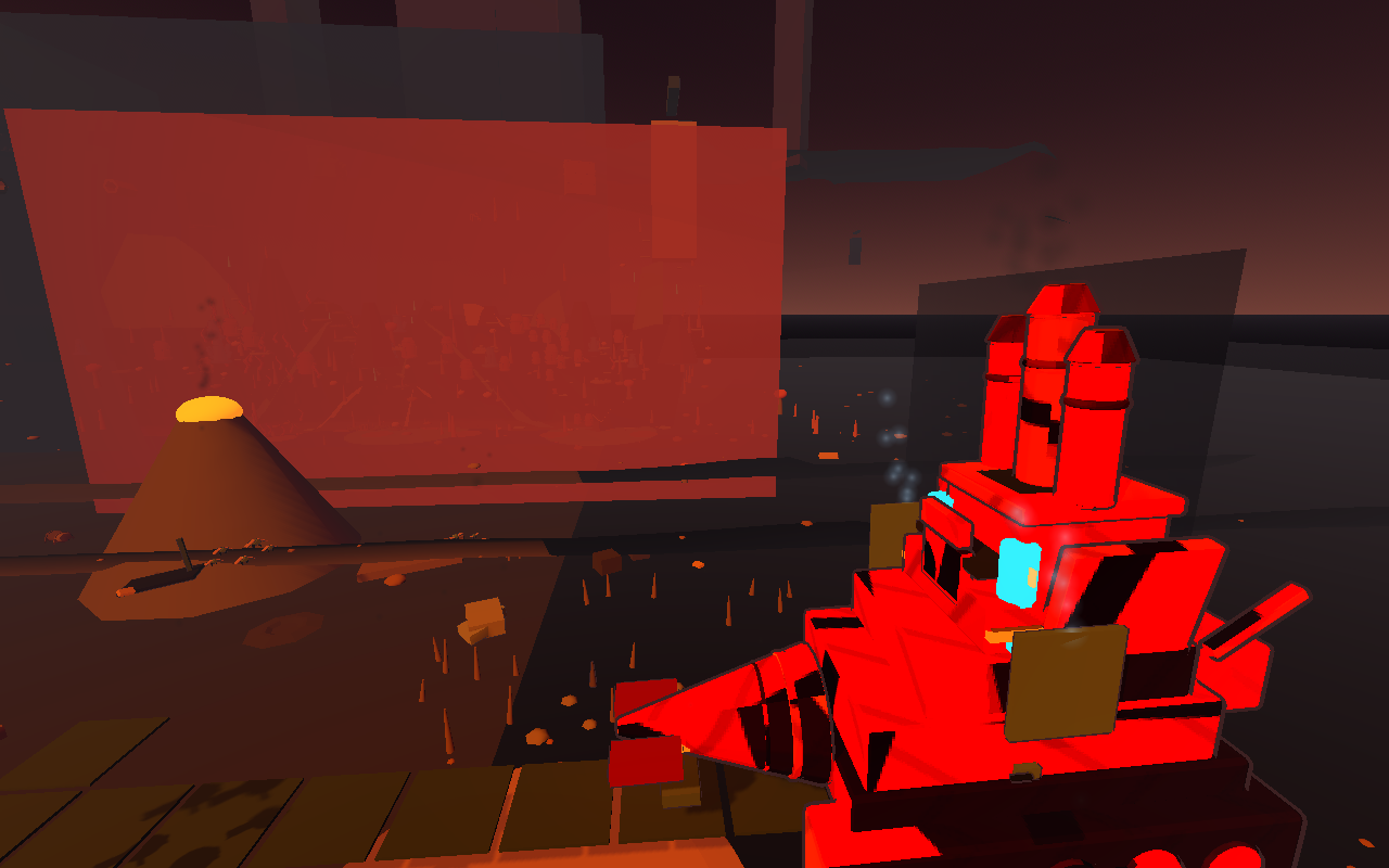 A red industrial machine travels through layered red and charcoal scenery with the interface hidden.